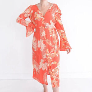 Free People Mixed Print Twist Orange Floral Boho  Maxi Dress XS